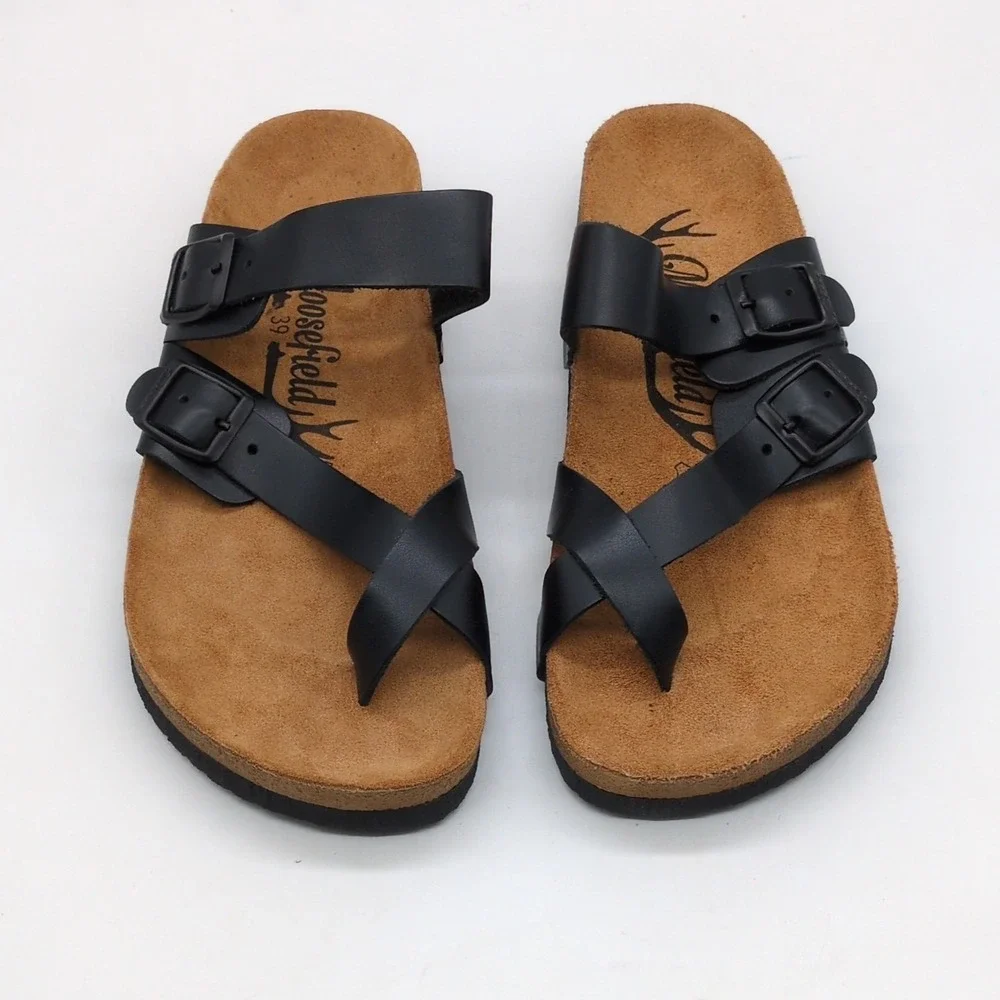 Moosefield Shoes Womens Black 39 Leather Thong Sandals Double Buckle Straps NEW